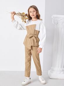 SHEIN 女孩雙色不對稱下擺燈籠袖腰帶上衣和長褲 - 彩色 - 查看 3