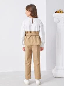SHEIN 女孩雙色不對稱下擺燈籠袖腰帶上衣和長褲 - 彩色 - 查看 4