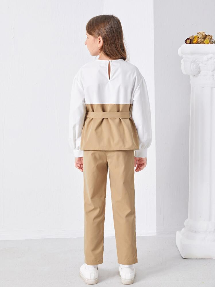 SHEIN Girls Two Tone Asymmetrical Hem Bishop Sleeve Belted Top & Pants - Multicolor - View 4