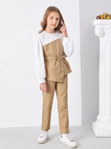 SHEIN 女孩雙色不對稱下擺燈籠袖腰帶上衣和長褲 - 彩色 - 查看 2