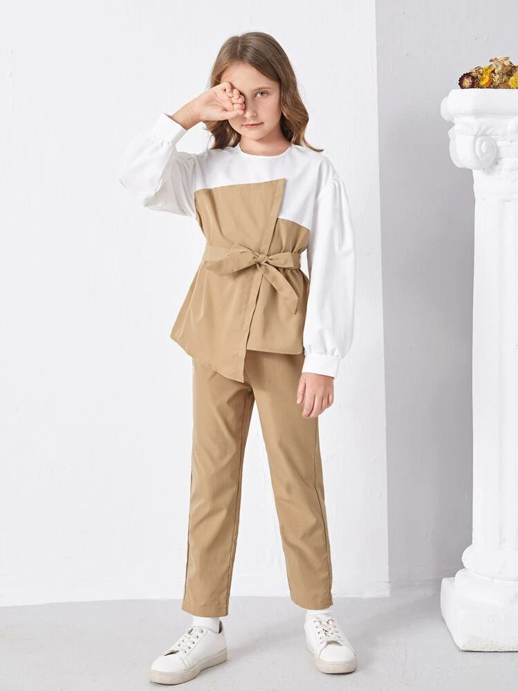SHEIN Girls Two Tone Asymmetrical Hem Bishop Sleeve Belted Top & Pants - Multicolor - View 1