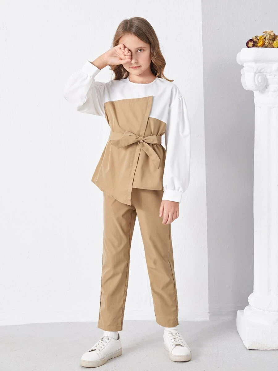 SHEIN 女孩雙色不對稱下擺燈籠袖腰帶上衣和長褲 - 彩色 - 查看 1