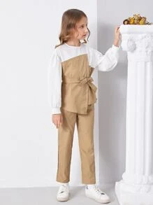 SHEIN 女孩雙色不對稱下擺燈籠袖腰帶上衣和長褲 - 彩色 - 查看 5