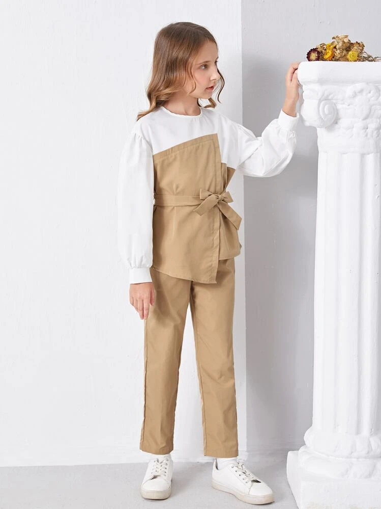 SHEIN Girls Two Tone Asymmetrical Hem Bishop Sleeve Belted Top & Pants - Multicolor - View 5