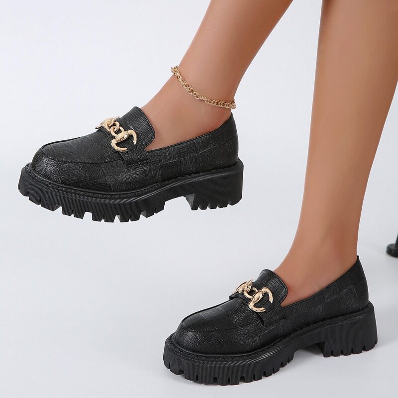 

Metal Decor Textured Platform Loafers, Black