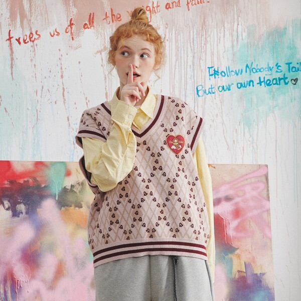 

Cartoon Embroidered Heart And Argyle Pattern Sweater Vest Without Blouse, Multicolor