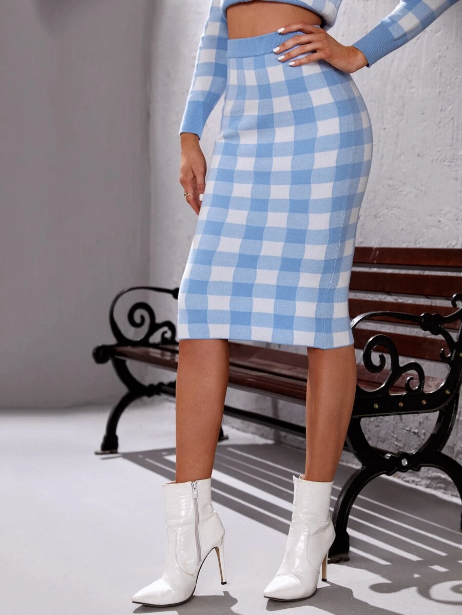 Seusyu Buffalo Plaid Pattern Knit Skirt - Blue and White - View 1