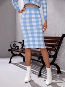 Seusyu Buffalo Plaid Pattern Knit Skirt - Blue and White - View 6