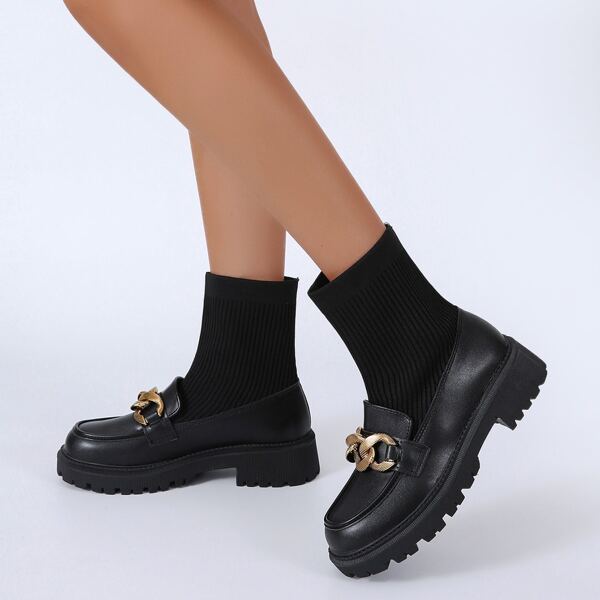 

Chain Decor Panel Design Sock Boots, Black