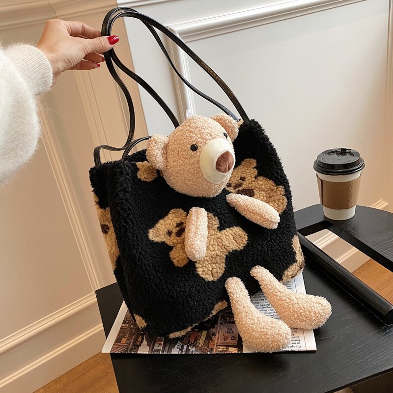 

Cartoon Bear Design Fluffy Shoulder Bag, Black