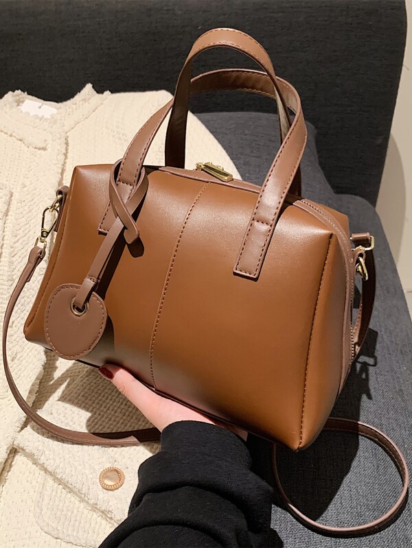 女士纯色 PU 皮革休闲手提包