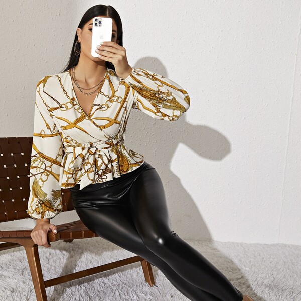

Chain Print Lantern Sleeve Belted Peplum Blouse, Multicolor