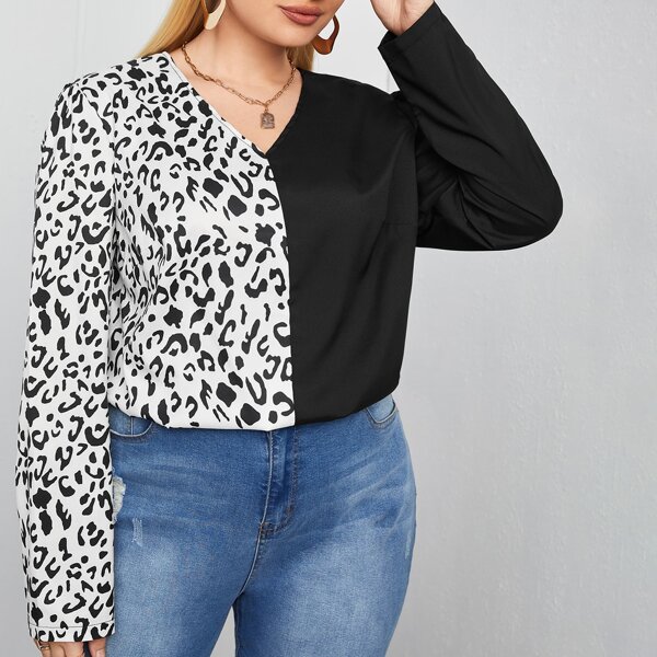 

Plus Leopard Spliced V-neck Blouse, Black and white