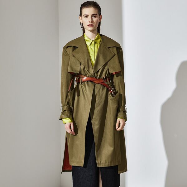 

Dual Pocket Split High Low Hem Trench Coat Without Belt, Army green