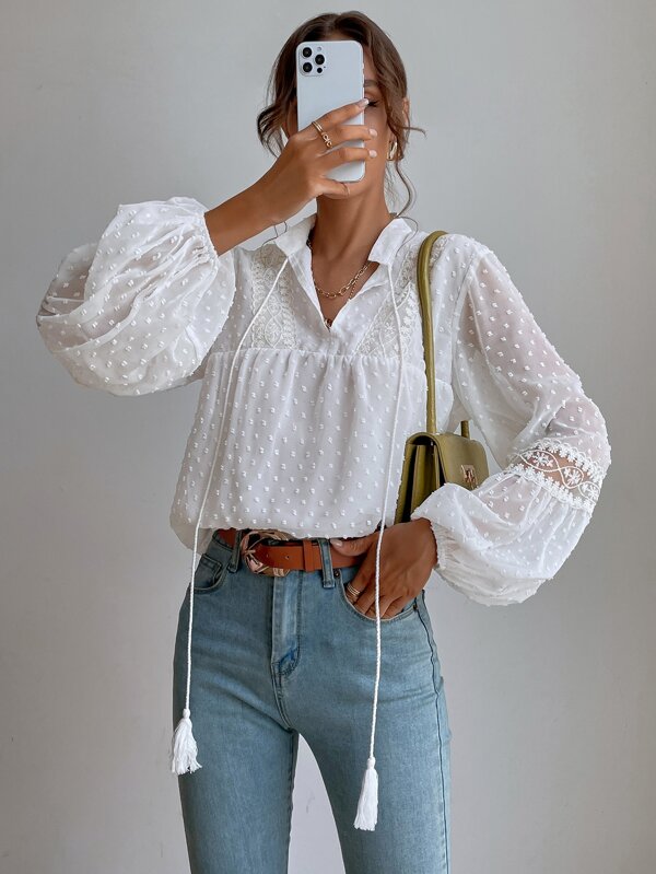 Chiquease 瑞士圆点刺绣网眼嵌件灯笼袖流苏系带衬衫，长袖上衣