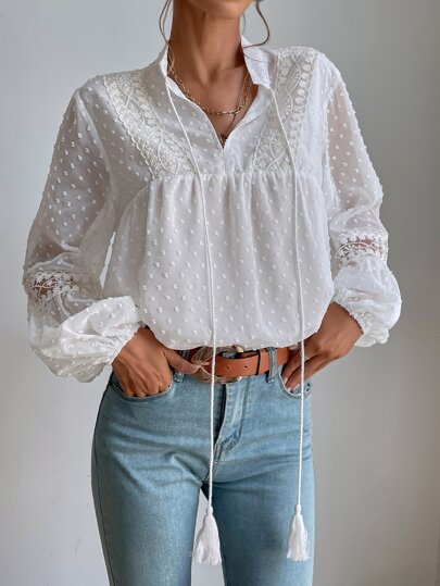 Frievida Frievida Swiss Dot Embroidery Mesh Insert Lantern Sleeve Tassel Tie Blouse,Long Sleeve Tops Fall Cloth For Women