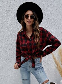 落肩紐扣格紋長款襯衫