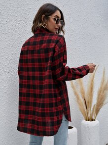 落肩紐扣格紋長款襯衫