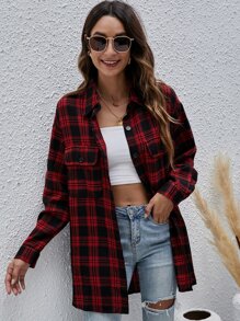 落肩紐扣格紋長款襯衫