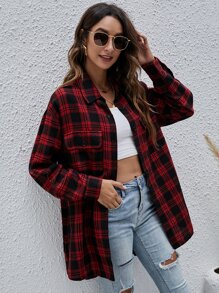 落肩紐扣格紋長款襯衫