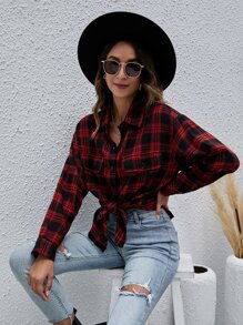 落肩紐扣格紋長款襯衫