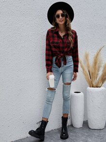 落肩紐扣格紋長款襯衫