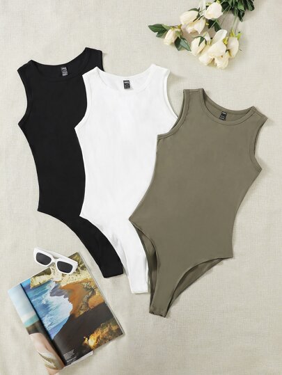 SHEIN EZwear 3 pièces/Set Body sans manches décontracté de couleur unie pour femmes