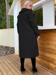 Eilly Bazar Double Button Teddy Midi Coat - Black - View 2