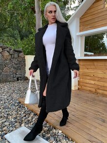 Eilly Bazar Double Button Teddy Midi Coat - Black - View 5