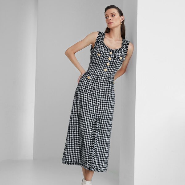 

Flap Pocket Raw Trim Houndstooth Tweed Split Hem Dress, Black and white