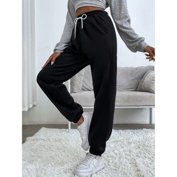 

Slant Pockets Drawstring Waist Sweatpants, Black