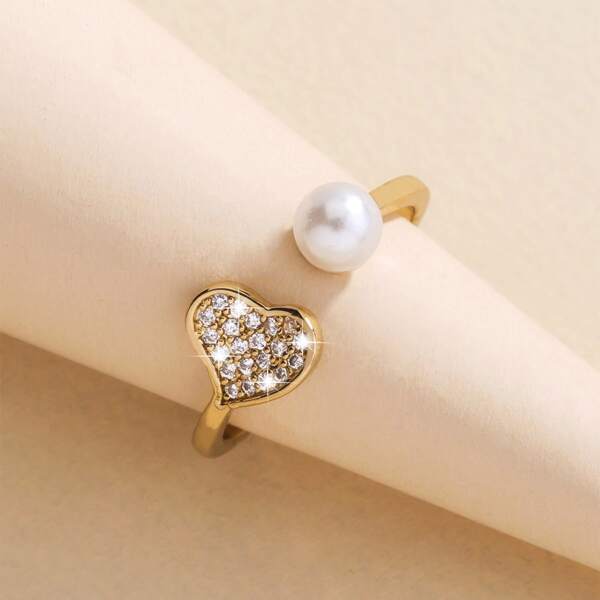 

Faux Pearl & Zircon Heart Decor Cuff Ring, Gold