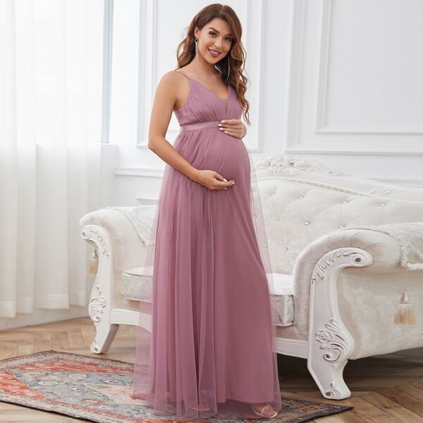 

Maternity Solid Maxi Mesh Dress, Mauve purple