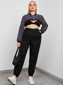 SHEIN Unity Quần Plus Size Túi màu trơn Giải trí - màu đen - Xem 3