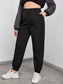 SHEIN Unity Quần Plus Size Túi màu trơn Giải trí - màu đen - Xem 4