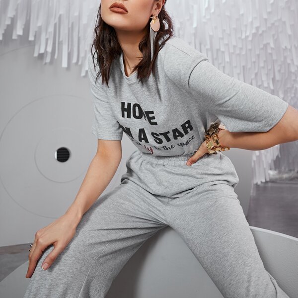 

Slogan Graphic Tee & Buckle Hem Pants, Light grey