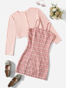 SHEIN 青少年女孩條紋針織上衣和格紋印花吊帶洋裝