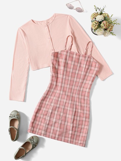 SHEIN Teen Girls Ribbed Knit Top & Plaid Print Cami Dress