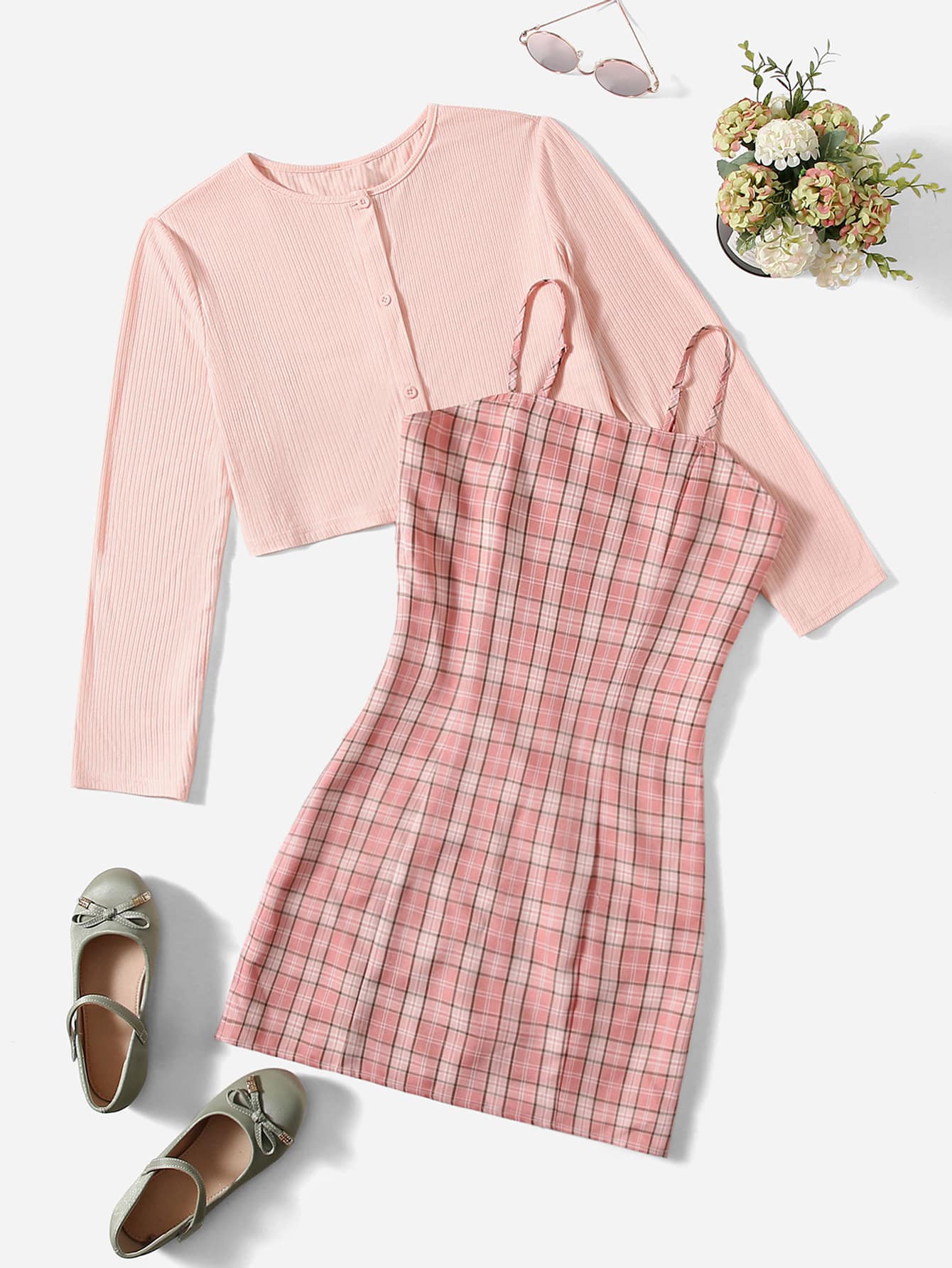 SHEIN 青少年女孩條紋針織上衣和格紋印花吊帶洋裝