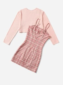 SHEIN 青少年女孩條紋針織上衣和格紋印花吊帶洋裝