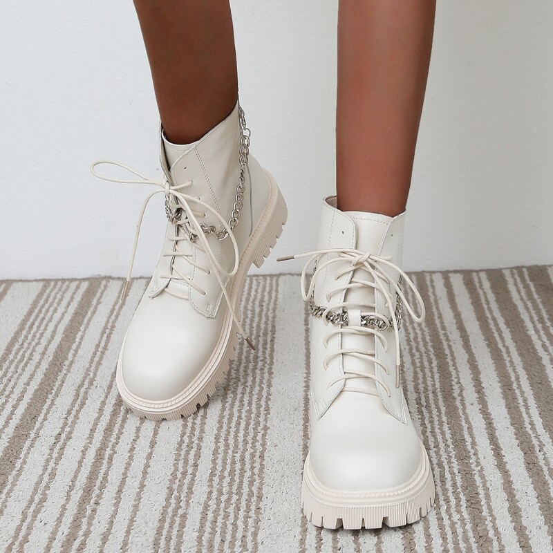 

Chain Decor Lace Up Front Combat Boots, Beige