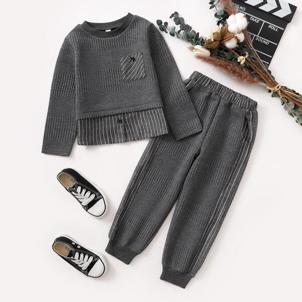 

Toddler Boys Striped Patched Pocket 2 In 1 Tee & Sweatpants, Dark grey