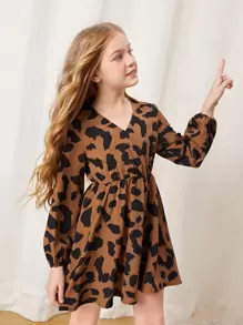 SHEIN 女孩滿版印花燈籠袖交叉領連衣裙 - 彩色 - 查看 1