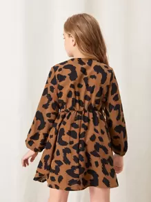 SHEIN 女孩滿版印花燈籠袖交叉領連衣裙 - 彩色 - 查看 2