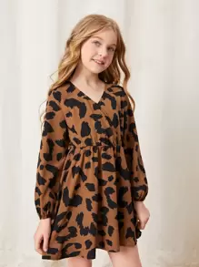 SHEIN 女孩滿版印花燈籠袖交叉領連衣裙 - 彩色 - 查看 4