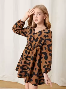 SHEIN 女孩滿版印花燈籠袖交叉領連衣裙 - 彩色 - 查看 5