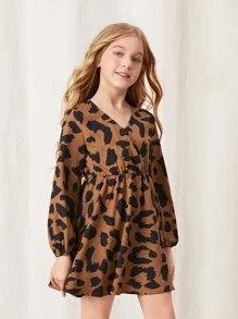 SHEIN 女孩滿版印花燈籠袖交叉領連衣裙 - 彩色 - 查看 6