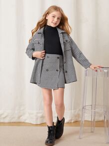 SHEIN Tween Girl Houndstooth Flap Pocket Tweed Coat & Double Breasted Skirt - Black and White - View 7