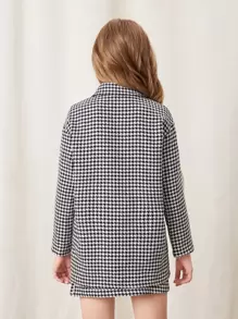 SHEIN Tween Girl Houndstooth Flap Pocket Tweed Coat & Double Breasted Skirt - Black and White - View 2