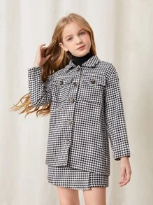 SHEIN Tween Girl Houndstooth Flap Pocket Tweed Coat & Double Breasted Skirt - Black and White - View 4